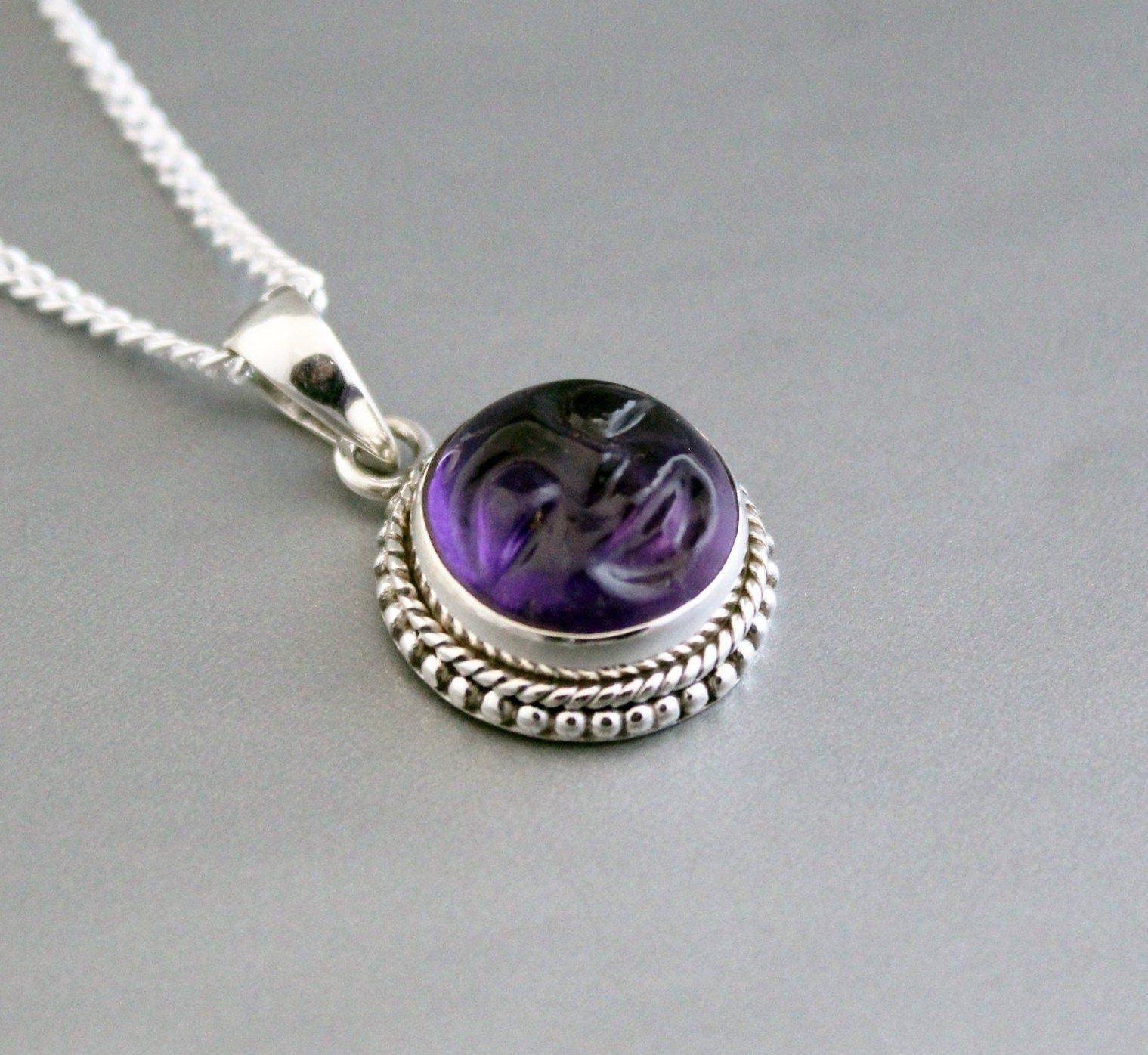 Amethyst Moon Face Necklace, Sterling Silver Celestial Pendant, Moon with face necklace goth jewelry, Birthstone pendant