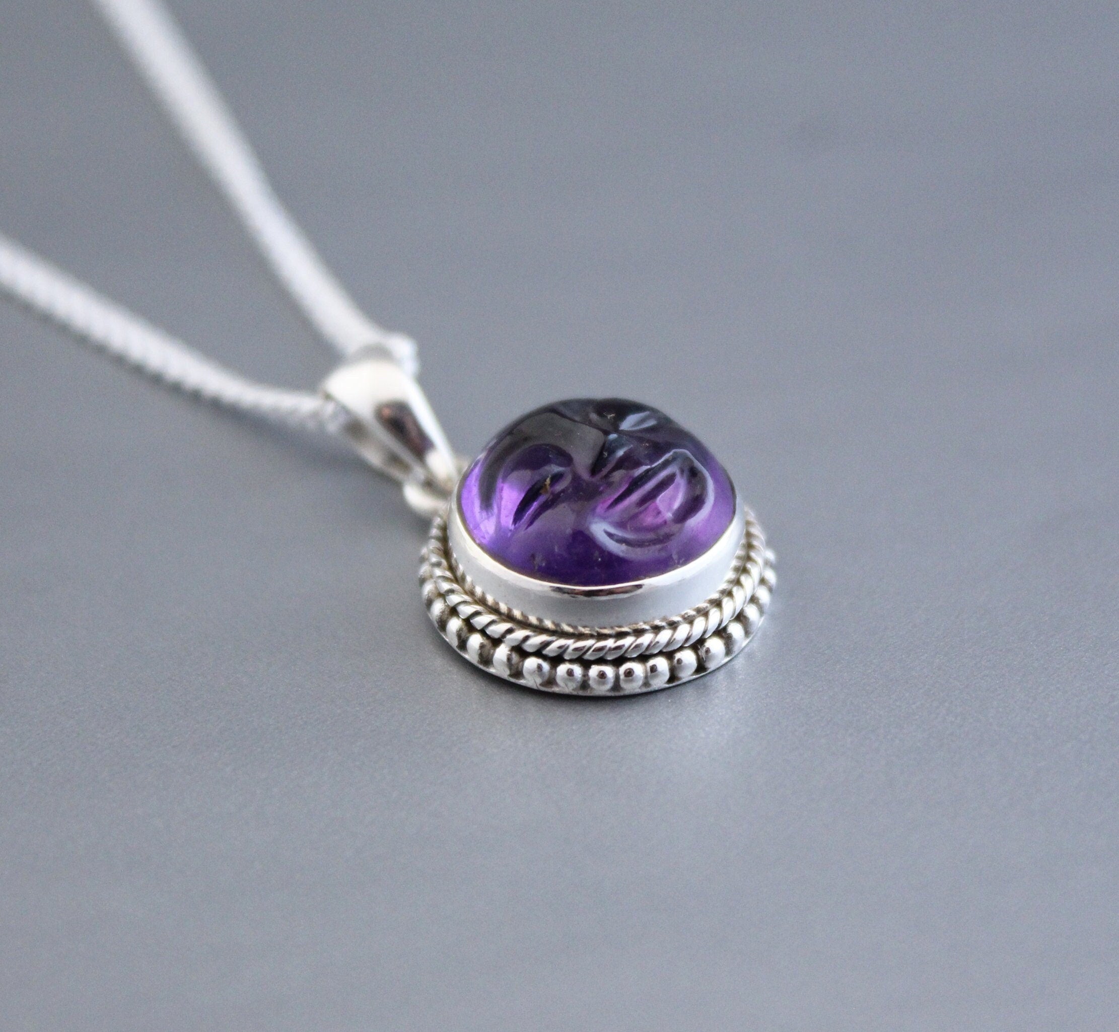 Amethyst Moon Face Necklace, Sterling Silver Celestial Pendant, Moon with face necklace goth jewelry, Birthstone pendant