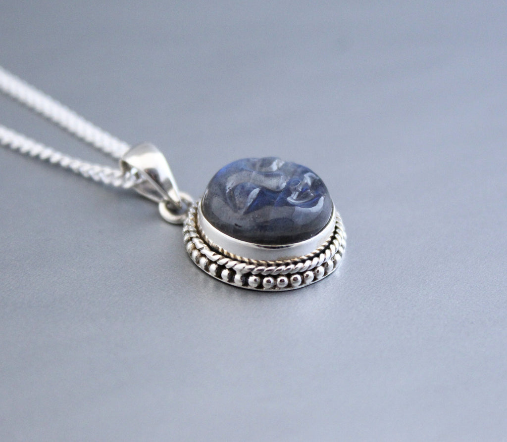 Labradorite Moon Face Necklace: Sterling Silver Celestial Jewelry