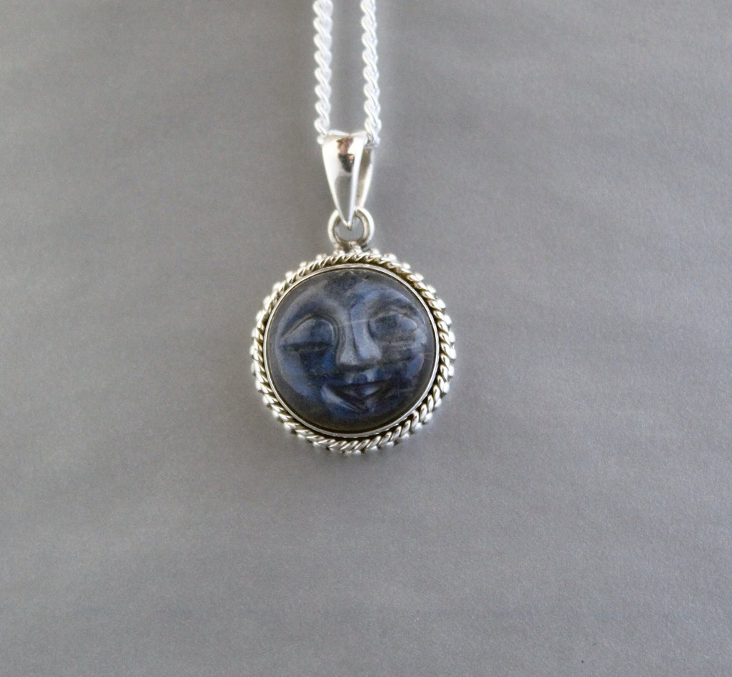 Labradorite Moon Face Necklace: Sterling Silver Celestial Jewelry