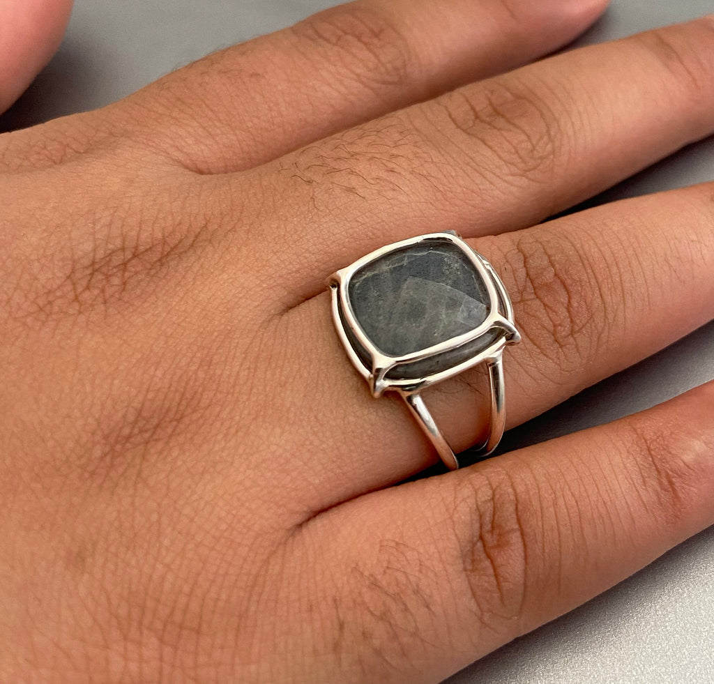 Natural Labradorite Ring, Gold Wired ring, Cushion 925 Sterling Silver Ring, Handmade Gemstone Jewelry
