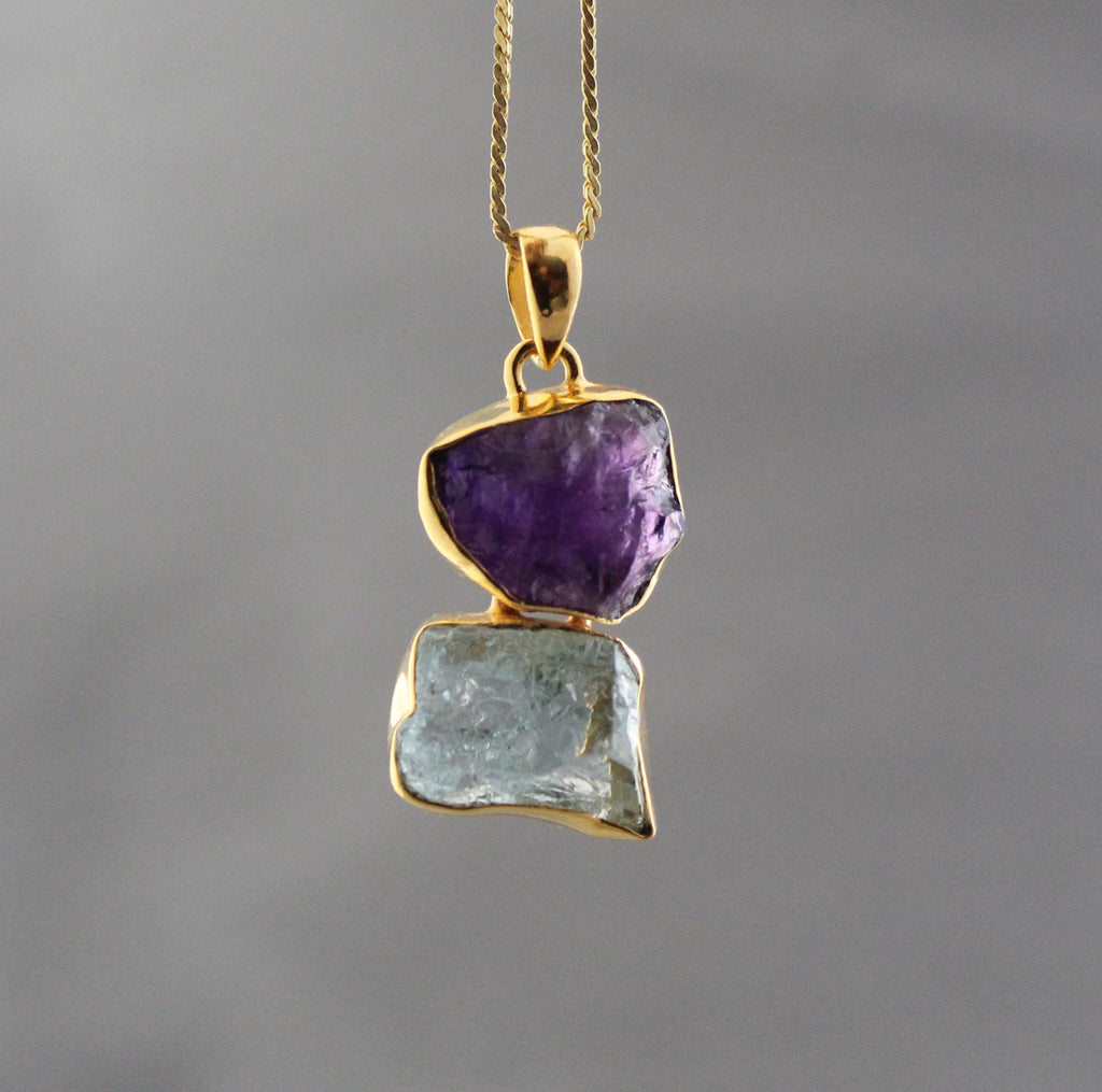 Raw Aquamarine Amethyst Pendant: Sterling Silver Healing Necklace