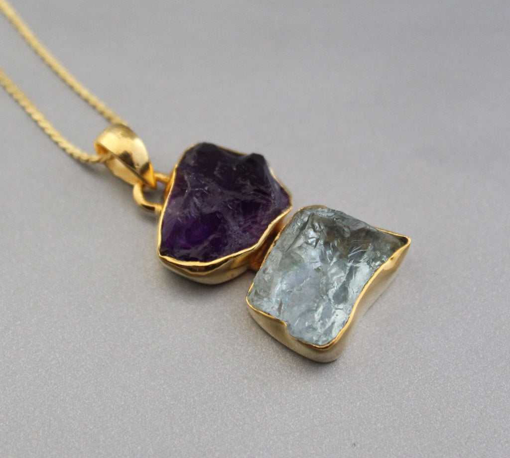 Raw Aquamarine Amethyst Pendant: Sterling Silver Healing Necklace