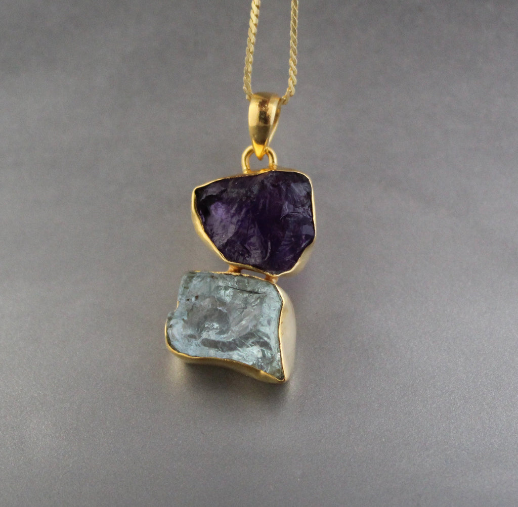 Raw Aquamarine Amethyst Pendant: Sterling Silver Healing Necklace