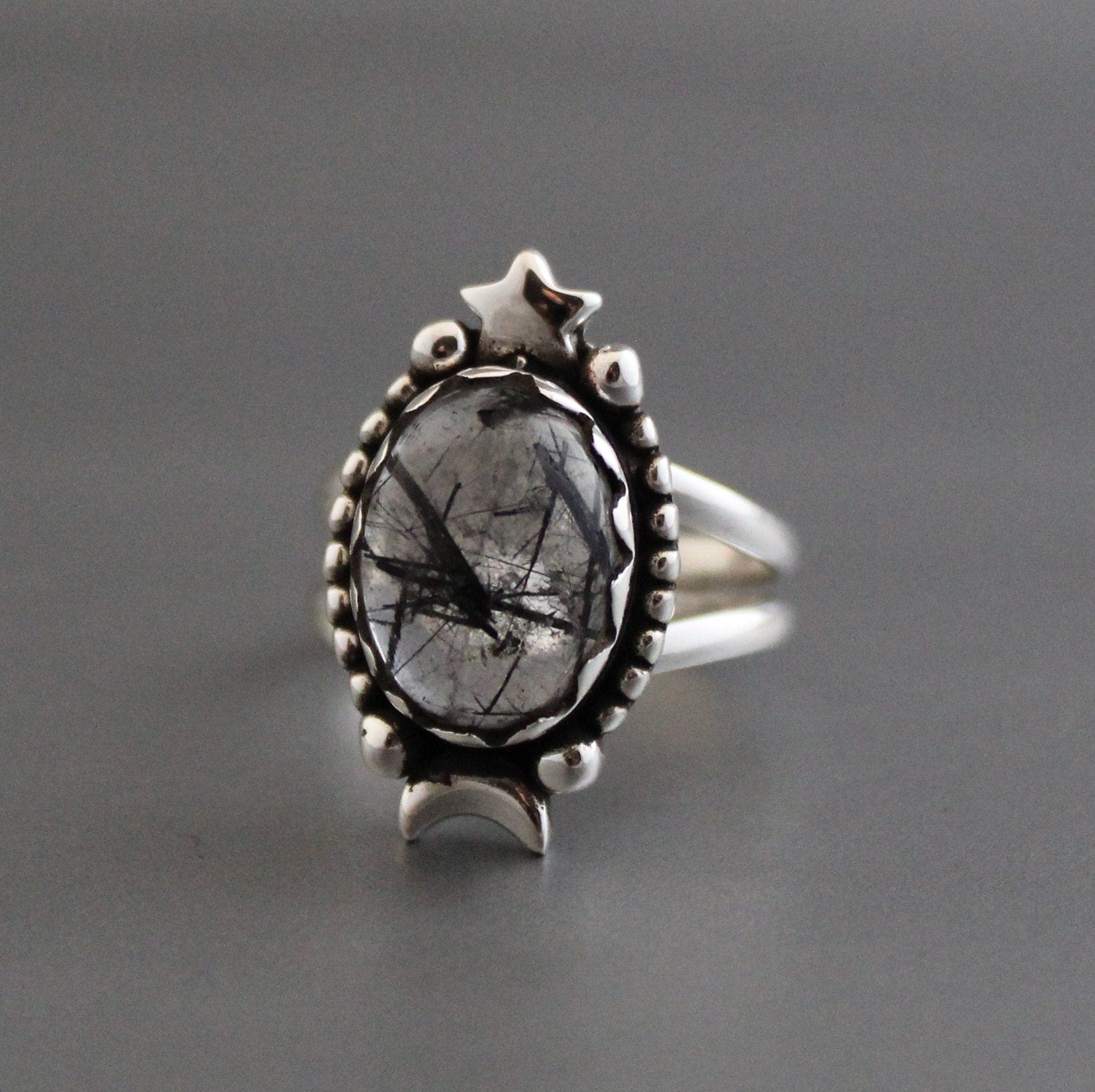 Sterling Silver Rutilated Quartz Ring, Handmade Vintage Jewelry, Nature Inspired Black Engagement Gothic Ring