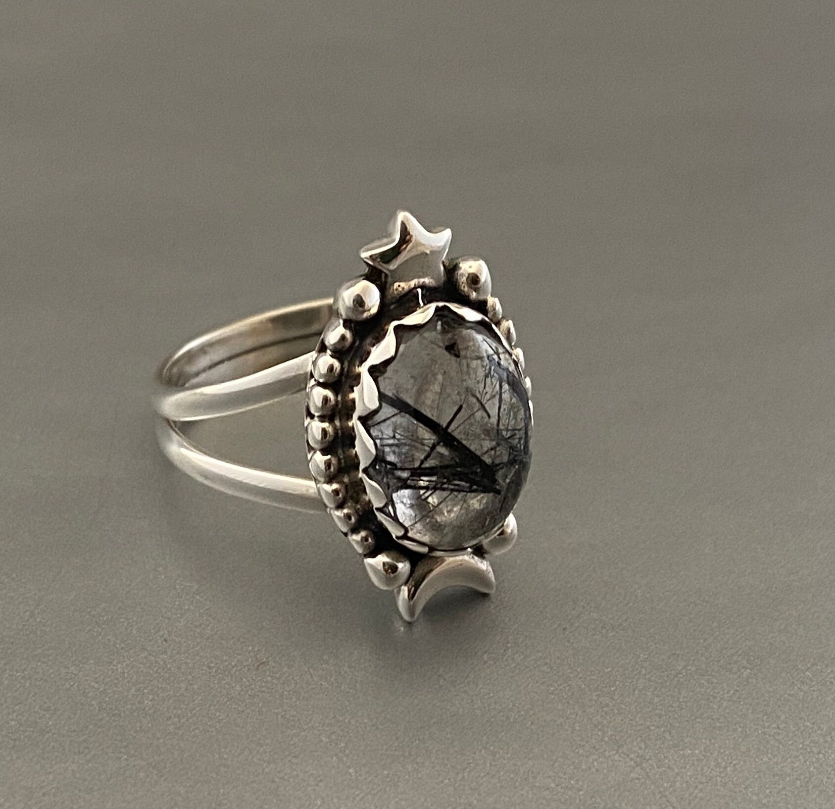 Sterling Silver Rutilated Quartz Ring, Handmade Vintage Jewelry, Nature Inspired Black Engagement Gothic Ring