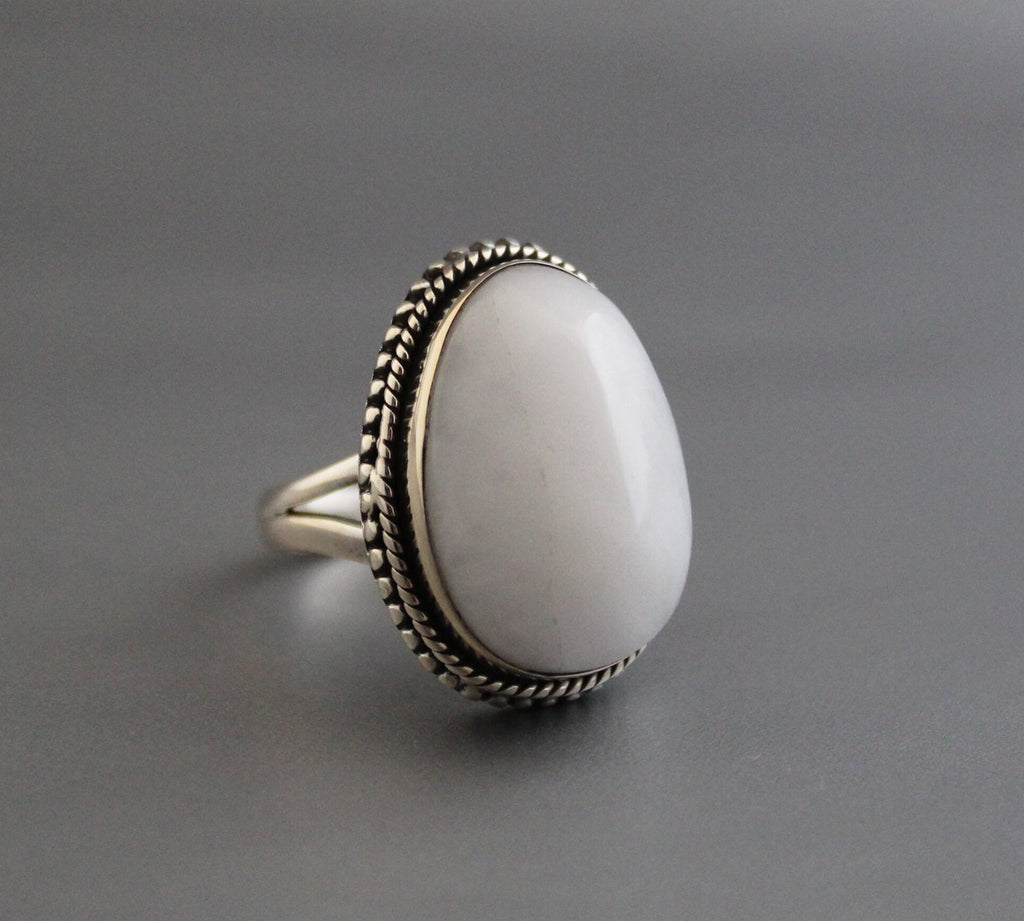 White Agate Sterling Silver Ring, Handmade Solitaire Statement, agatering