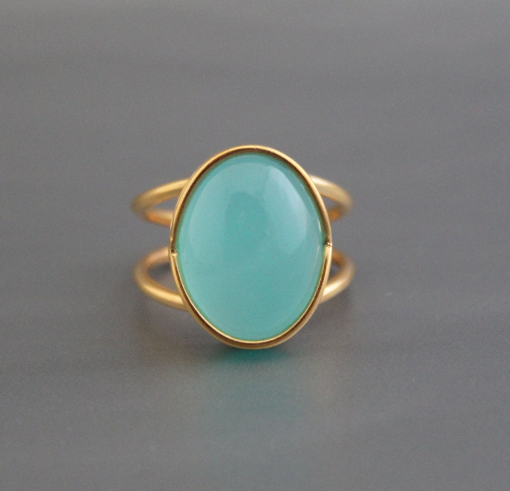 Aqua Chalcedony Ring: Oval Gemstone, 18K Gold & Sterling Silver, Handmade