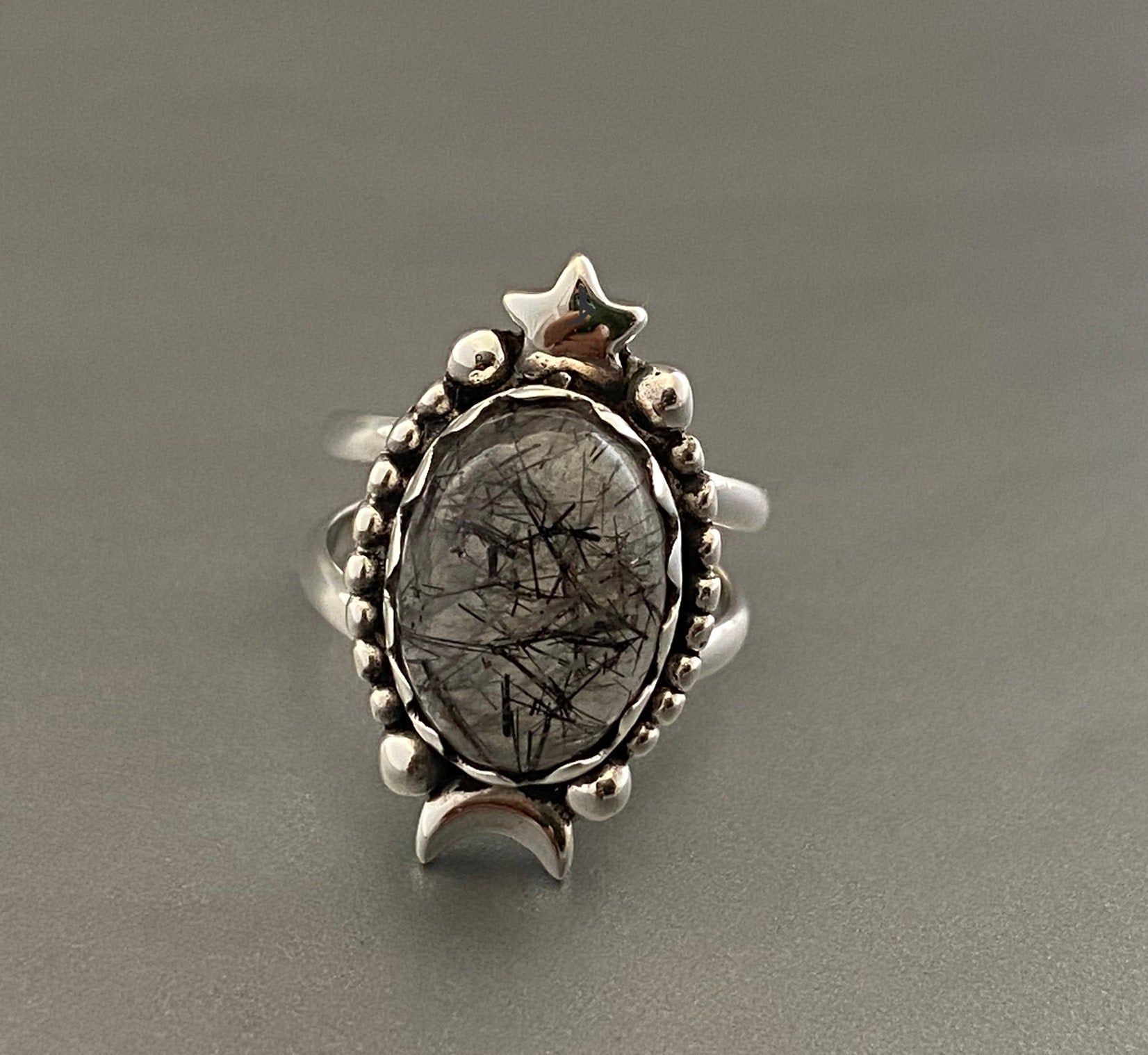 Sterling Silver Rutilated Quartz Ring, Handmade Vintage Jewelry, Nature Inspired Black Engagement Gothic Ring