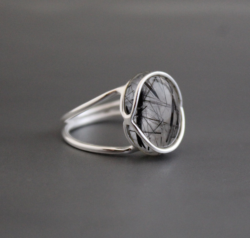Black Rutile Ring, Sterling Silver Gemstone Jewelry, Anniversary Bridal Ring Beautiful 925 Engagement Solitaire Women Promise Birthday Gift