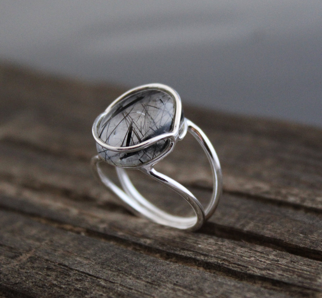 Black Rutile Ring, Sterling Silver Gemstone Jewelry, Anniversary Bridal Ring Beautiful 925 Engagement Solitaire Women Promise Birthday Gift