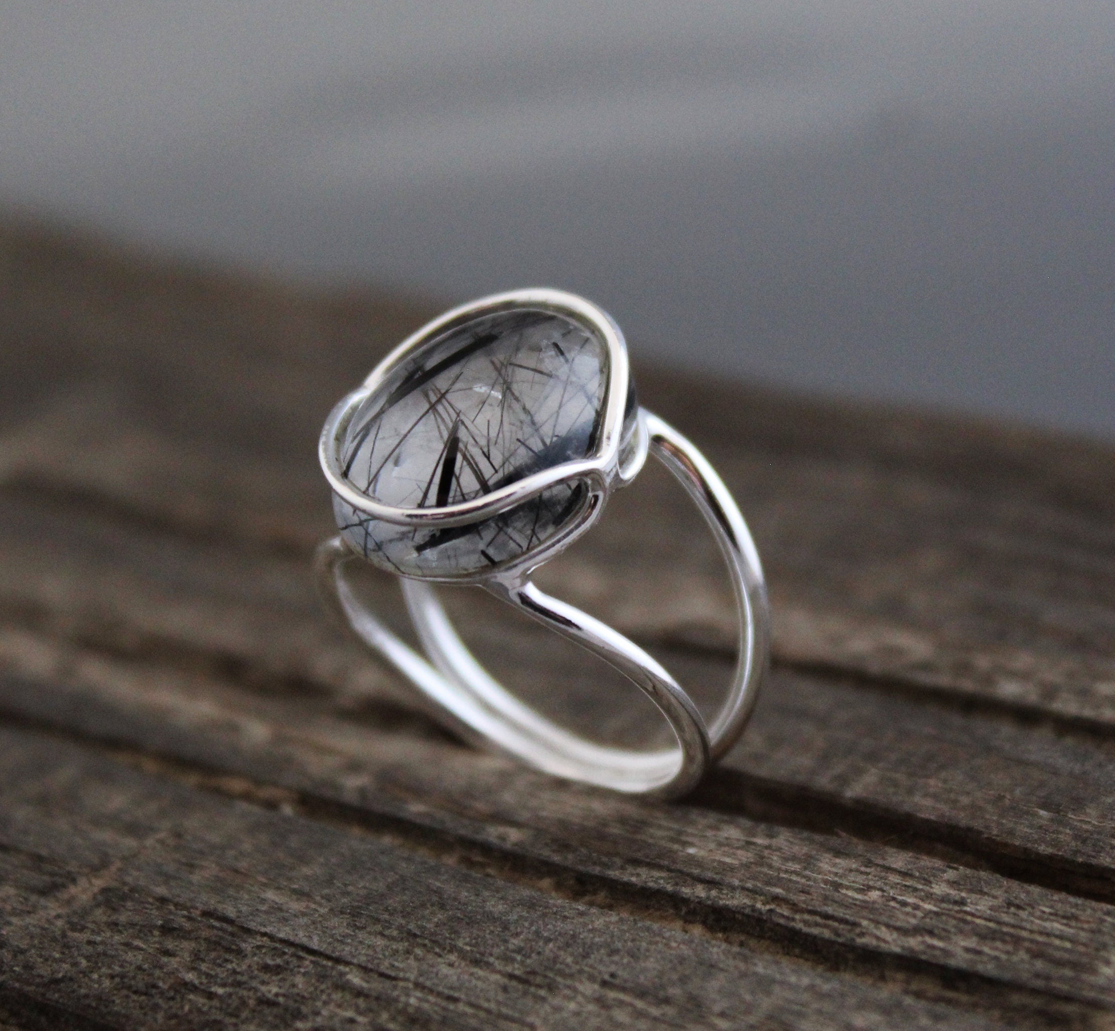 Black Rutile Ring, Sterling Silver Gemstone Jewelry, Anniversary Bridal Ring Beautiful 925 Engagement Solitaire Women Promise Birthday Gift