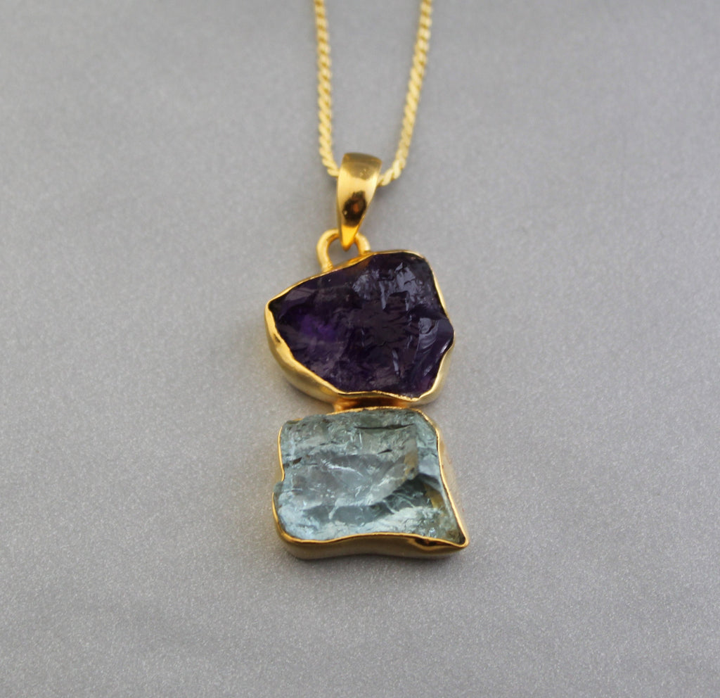 Raw Aquamarine Amethyst Pendant: Sterling Silver Healing Necklace