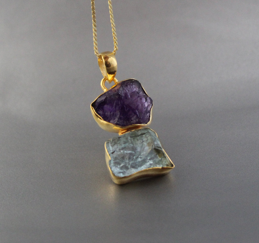 Raw Aquamarine Amethyst Pendant: Sterling Silver Healing Necklace