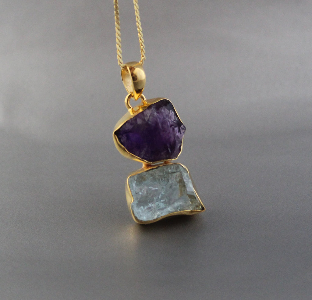 Raw Aquamarine Amethyst Pendant: Sterling Silver Healing Necklace