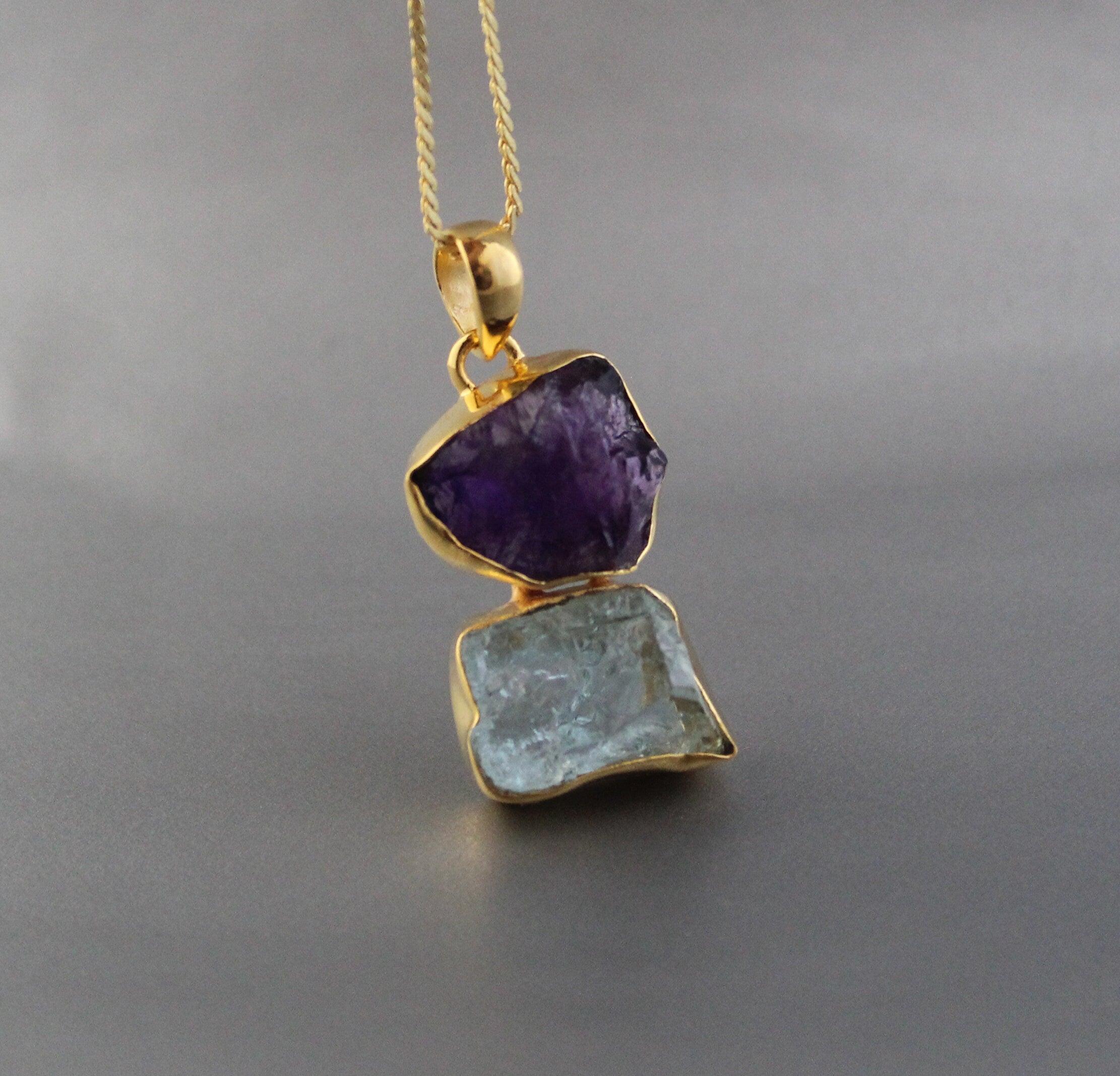 Raw Aquamarine Amethyst Pendant: Sterling Silver Healing Necklace