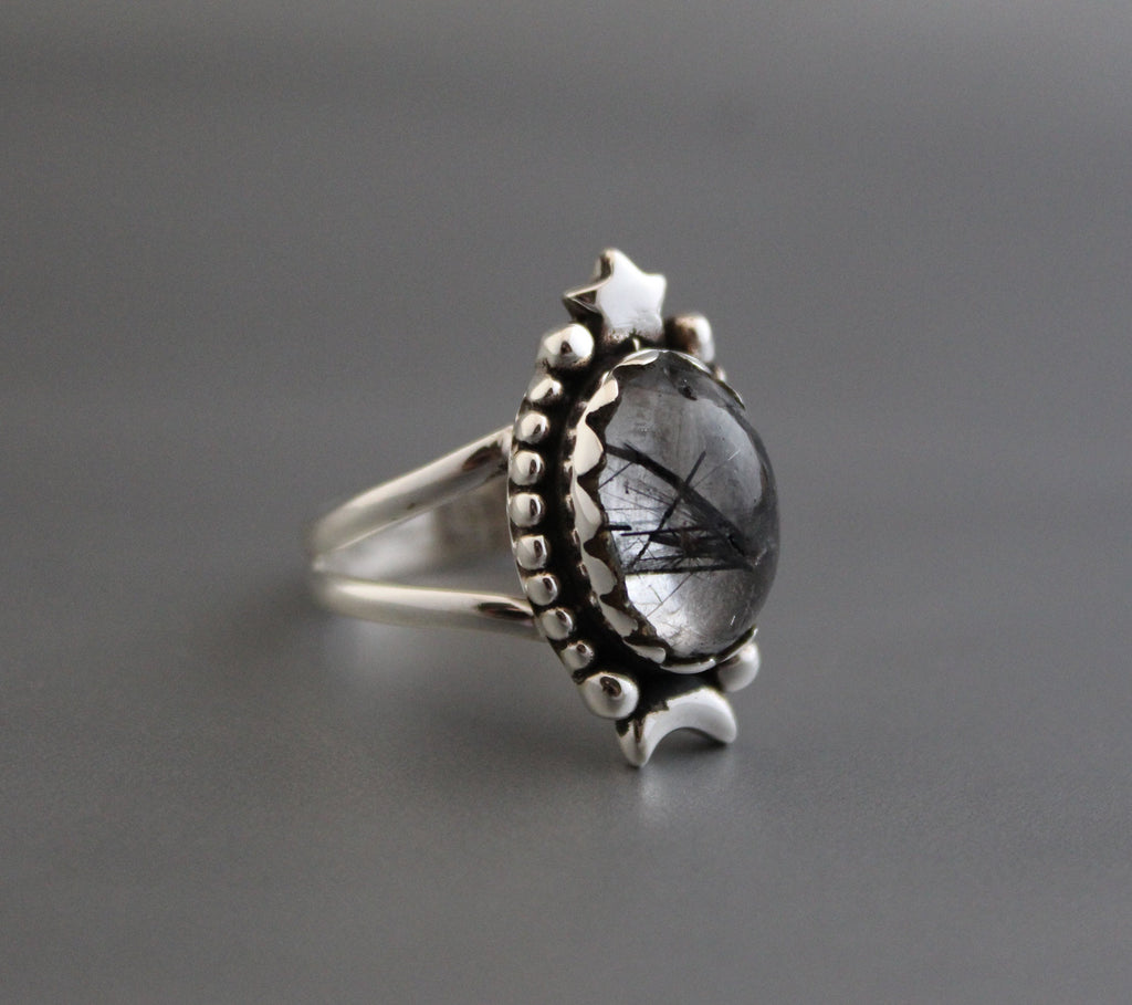 Sterling Silver Rutilated Quartz Ring, Handmade Vintage Jewelry, Nature Inspired Black Engagement Gothic Ring