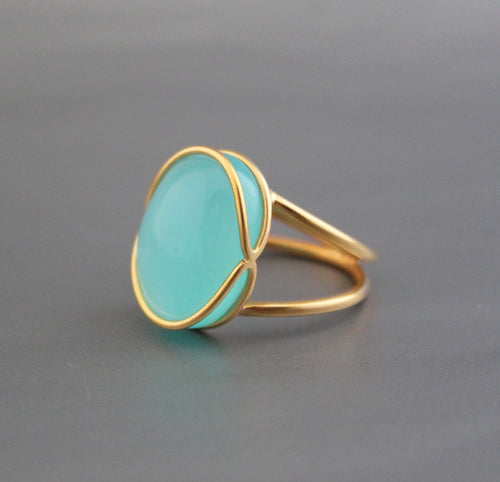 Aqua Chalcedony Ring: Oval Gemstone, 18K Gold & Sterling Silver, Handmade