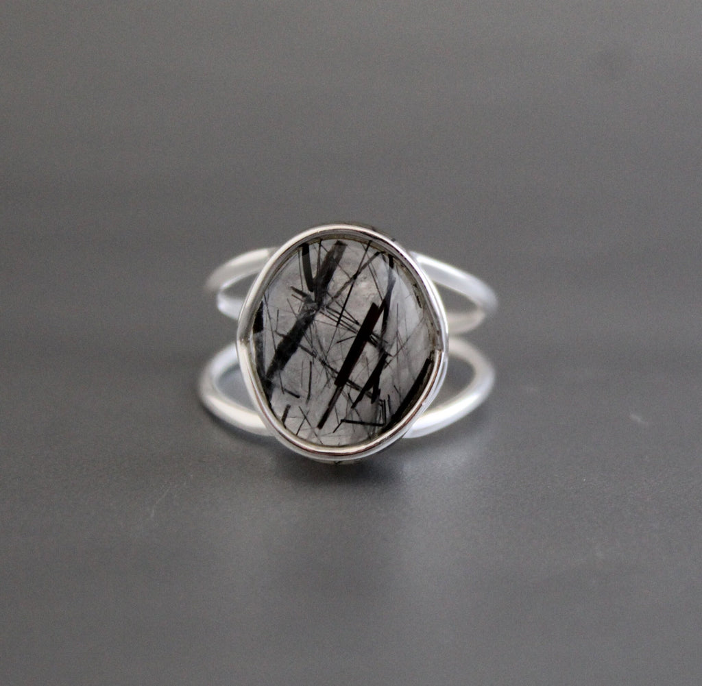 Black Rutile Ring, Sterling Silver Gemstone Jewelry, Anniversary Bridal Ring Beautiful 925 Engagement Solitaire Women Promise Birthday Gift