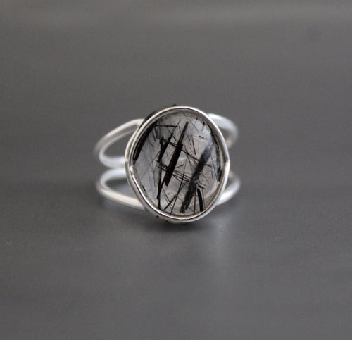 Black Rutile Ring, Sterling Silver Gemstone Jewelry, Anniversary Bridal Ring Beautiful 925 Engagement Solitaire Women Promise Birthday Gift