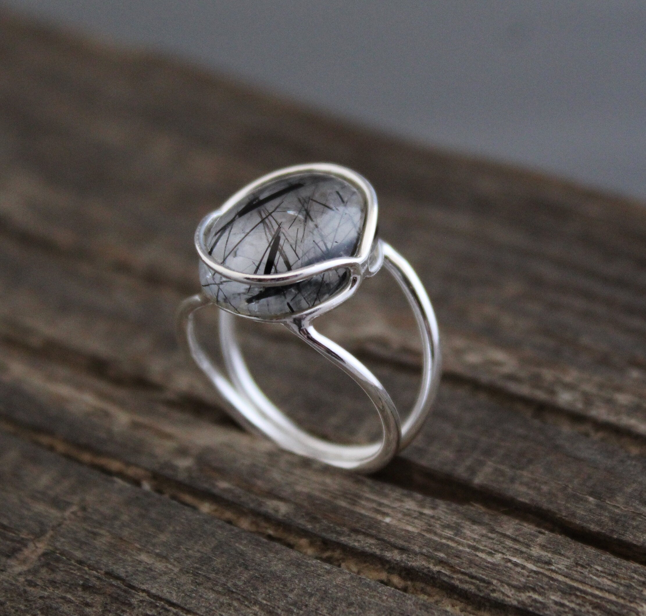 Black Rutile Ring, Sterling Silver Gemstone Jewelry, Anniversary Bridal Ring Beautiful 925 Engagement Solitaire Women Promise Birthday Gift
