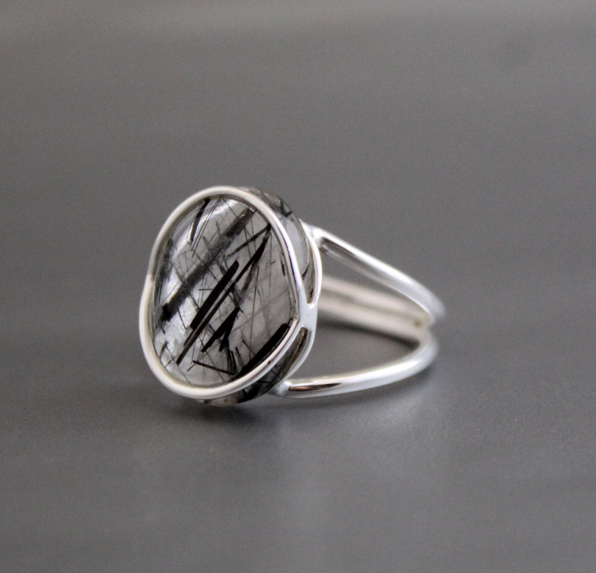 Black Rutile Ring, Sterling Silver Gemstone Jewelry, Anniversary Bridal Ring Beautiful 925 Engagement Solitaire Women Promise Birthday Gift