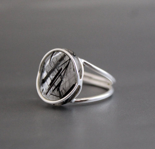 Black Rutile Ring, Sterling Silver Gemstone Jewelry, Anniversary Bridal Ring Beautiful 925 Engagement Solitaire Women Promise Birthday Gift