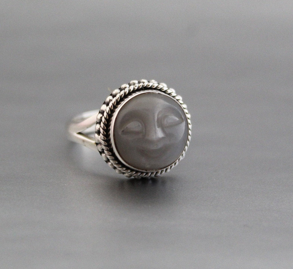 Grey Moonstone Face Ring, Sterling Silver Celestial Jewelry, Round Crystal Ring, Promise Ring