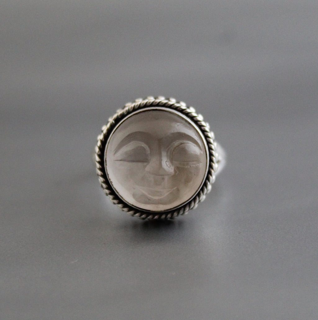 Clear Crystal Ring, Moon Face Ring, Sterling Silver Rings for Women, Celestial Jewelry, Boho Bohemian Jewelry, Gift for Mom, Gift for Wife