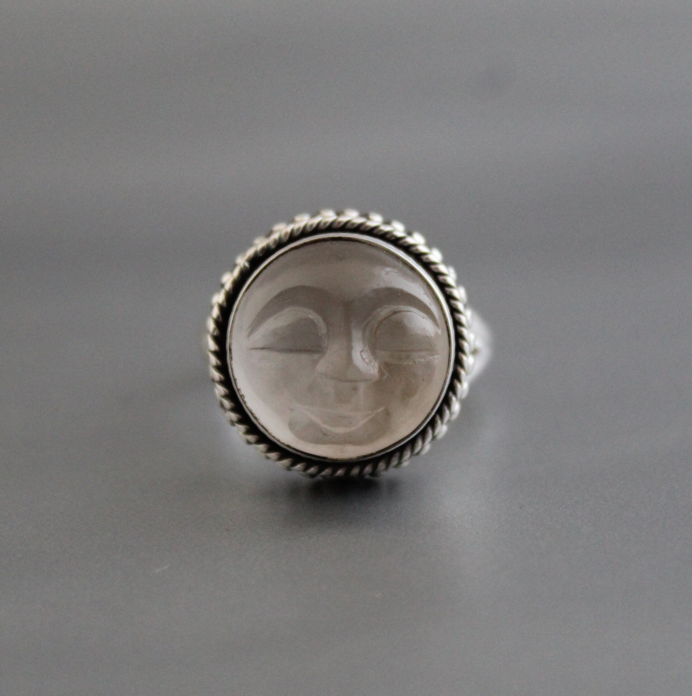 Clear Crystal Ring, Moon Face Ring, Sterling Silver Rings for Women, Celestial Jewelry, Boho Bohemian Jewelry, Gift for Mom, Gift for Wife