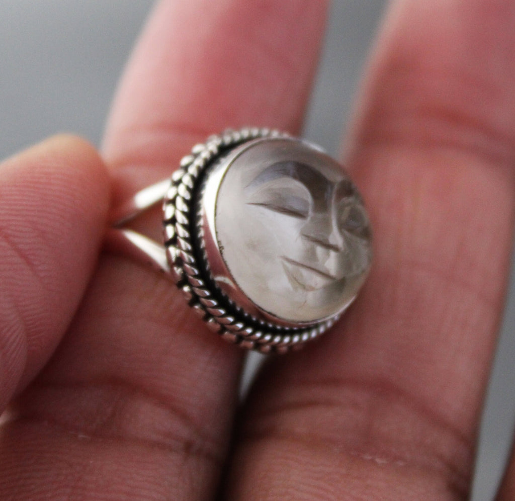 Clear Crystal Ring, Moon Face Ring, Sterling Silver Rings for Women, Celestial Jewelry, Boho Bohemian Jewelry, Gift for Mom, Gift for Wife