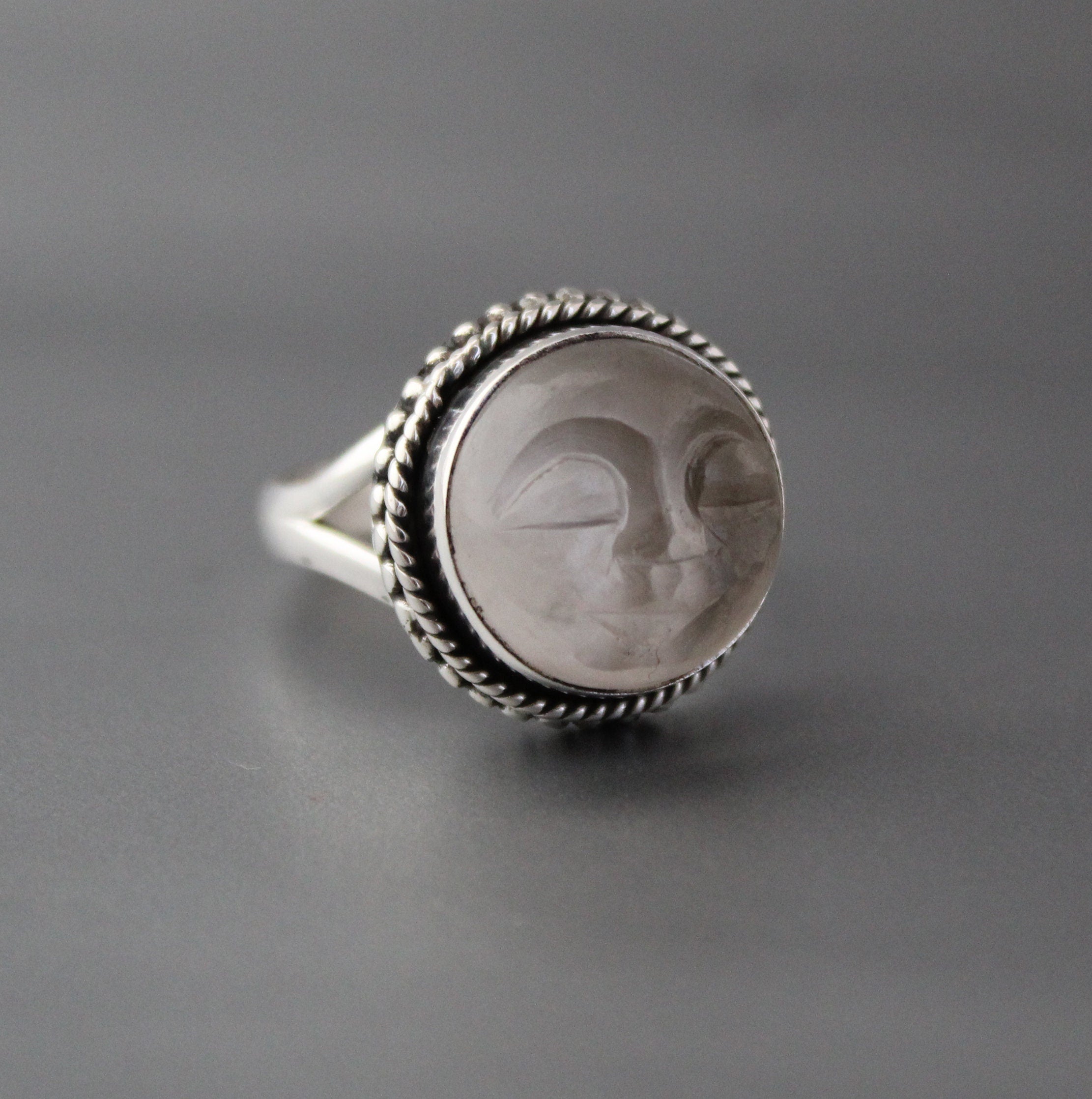 Clear Crystal Ring, Moon Face Ring, Sterling Silver Rings for Women, Celestial Jewelry, Boho Bohemian Jewelry, Gift for Mom, Gift for Wife