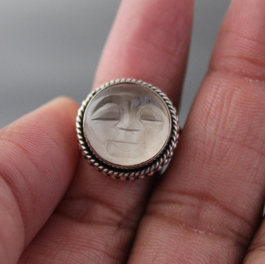 Clear Crystal Ring, Moon Face Ring, Sterling Silver Rings for Women, Celestial Jewelry, Boho Bohemian Jewelry, Gift for Mom, Gift for Wife