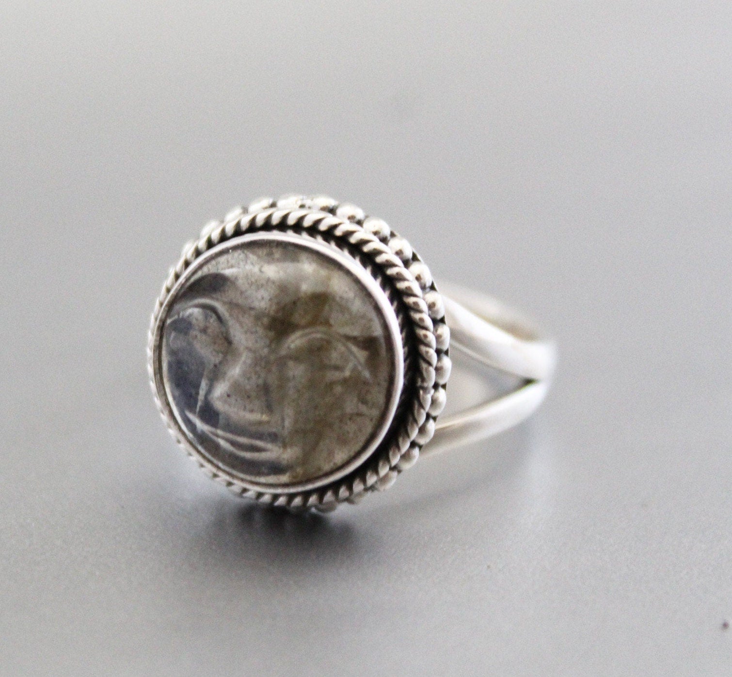 Labradorite Moon Face Ring, Sterling Silver Art Deco Ring, Handmade Labradorite Statement Ring