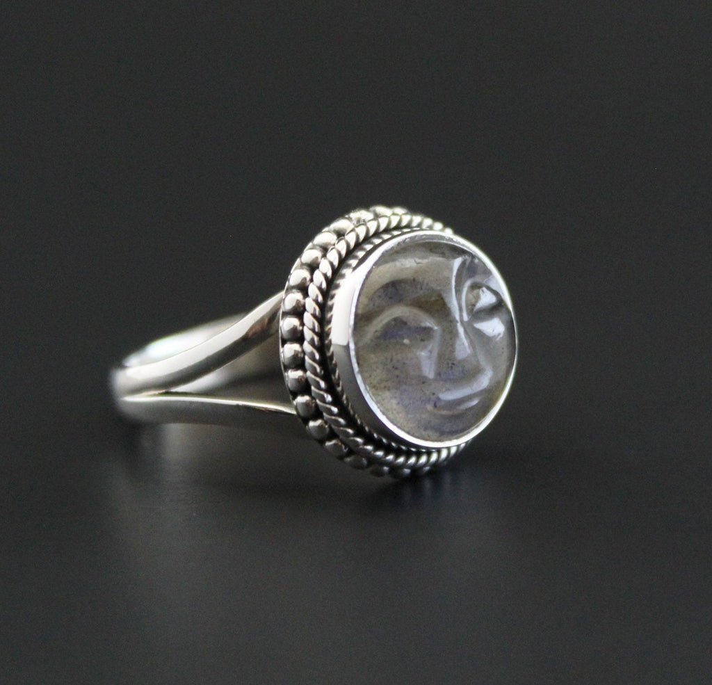 Labradorite Moon Face Ring, Sterling Silver Art Deco Ring, Handmade Labradorite Statement Ring