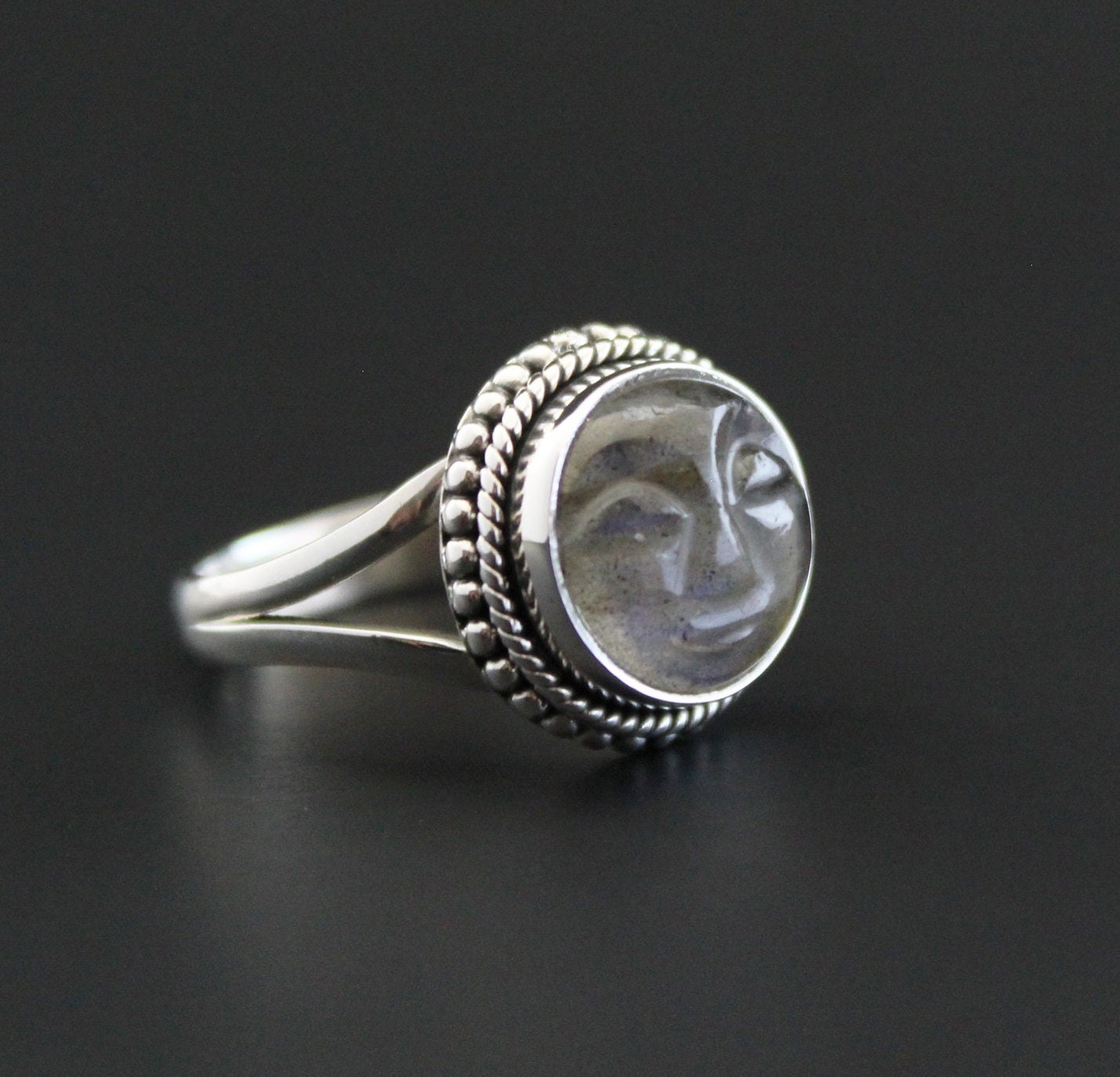 Labradorite Moon Face Ring, Sterling Silver Art Deco Ring, Handmade Labradorite Statement Ring