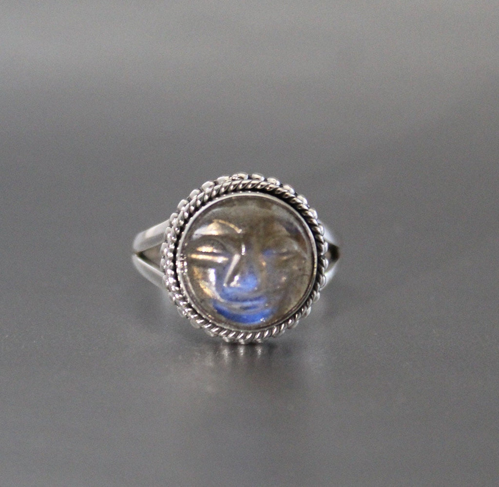 Labradorite Moon Face Ring, Sterling Silver Art Deco Ring, Handmade Labradorite Statement Ring