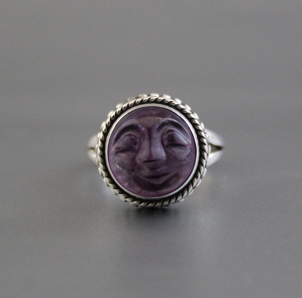 Amethyst Moon Face Ring, Feburary Birthstone, 925 Sterling Silver Crystal Statement Ring, Nature Jewelry, Gift for Mom