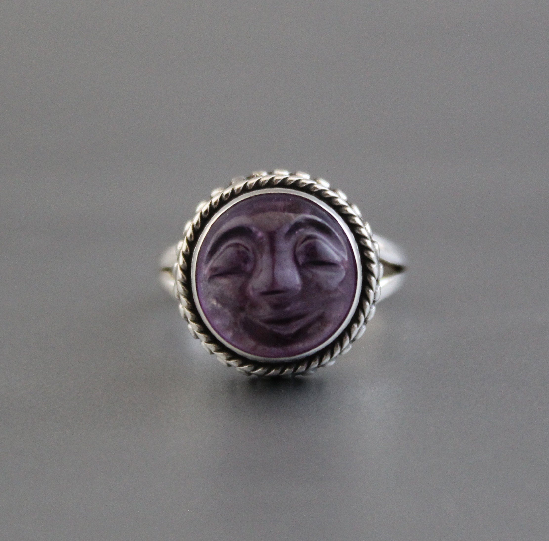 Amethyst Moon Face Ring, Feburary Birthstone, 925 Sterling Silver Crystal Statement Ring, Nature Jewelry, Gift for Mom