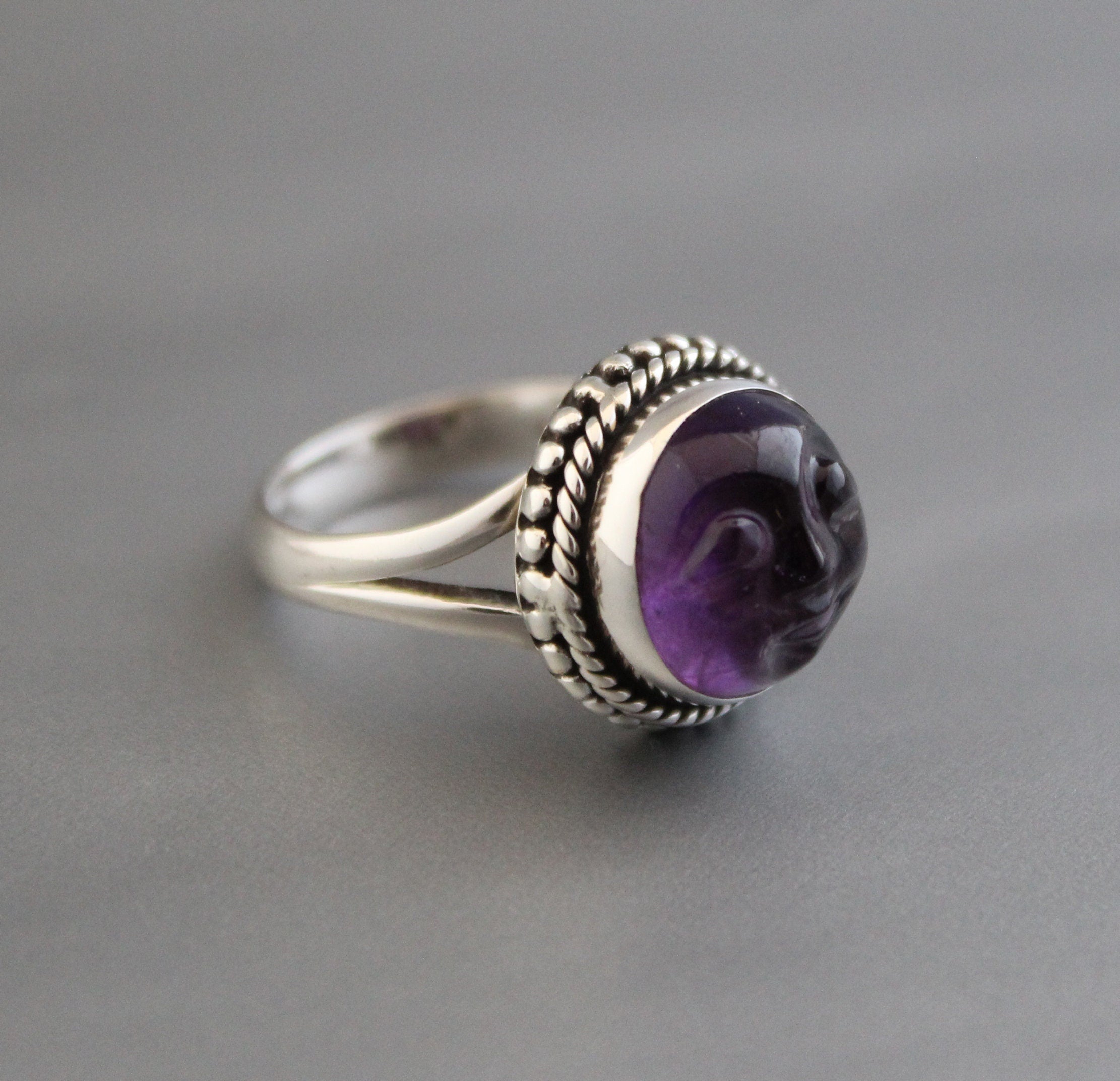 Amethyst Moon Face Ring, Feburary Birthstone, 925 Sterling Silver Crystal Statement Ring, Nature Jewelry, Gift for Mom