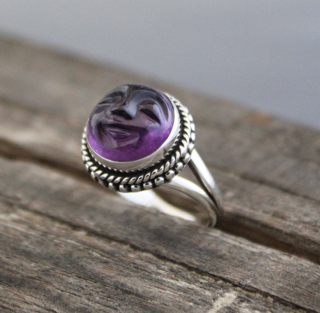 Amethyst Moon Face Ring, Feburary Birthstone, 925 Sterling Silver Crystal Statement Ring, Nature Jewelry, Gift for Mom