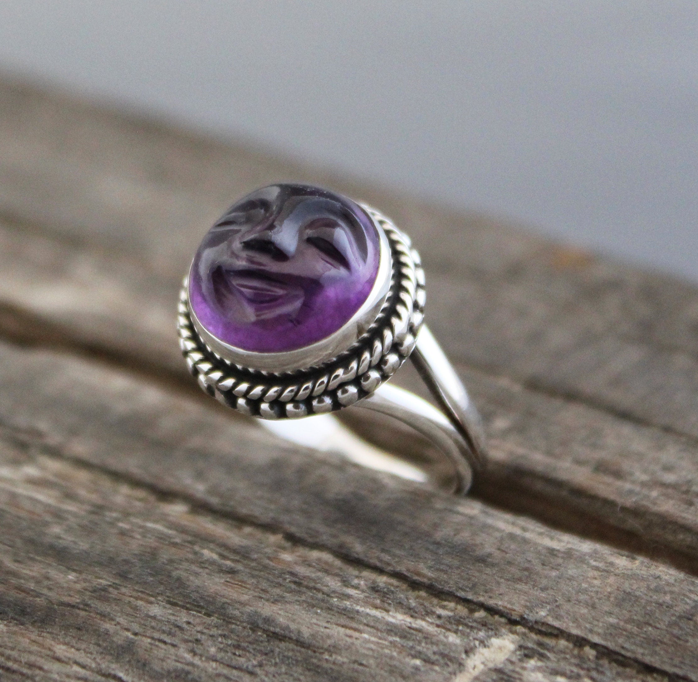Amethyst Moon Face Ring, Feburary Birthstone, 925 Sterling Silver Crystal Statement Ring, Nature Jewelry, Gift for Mom