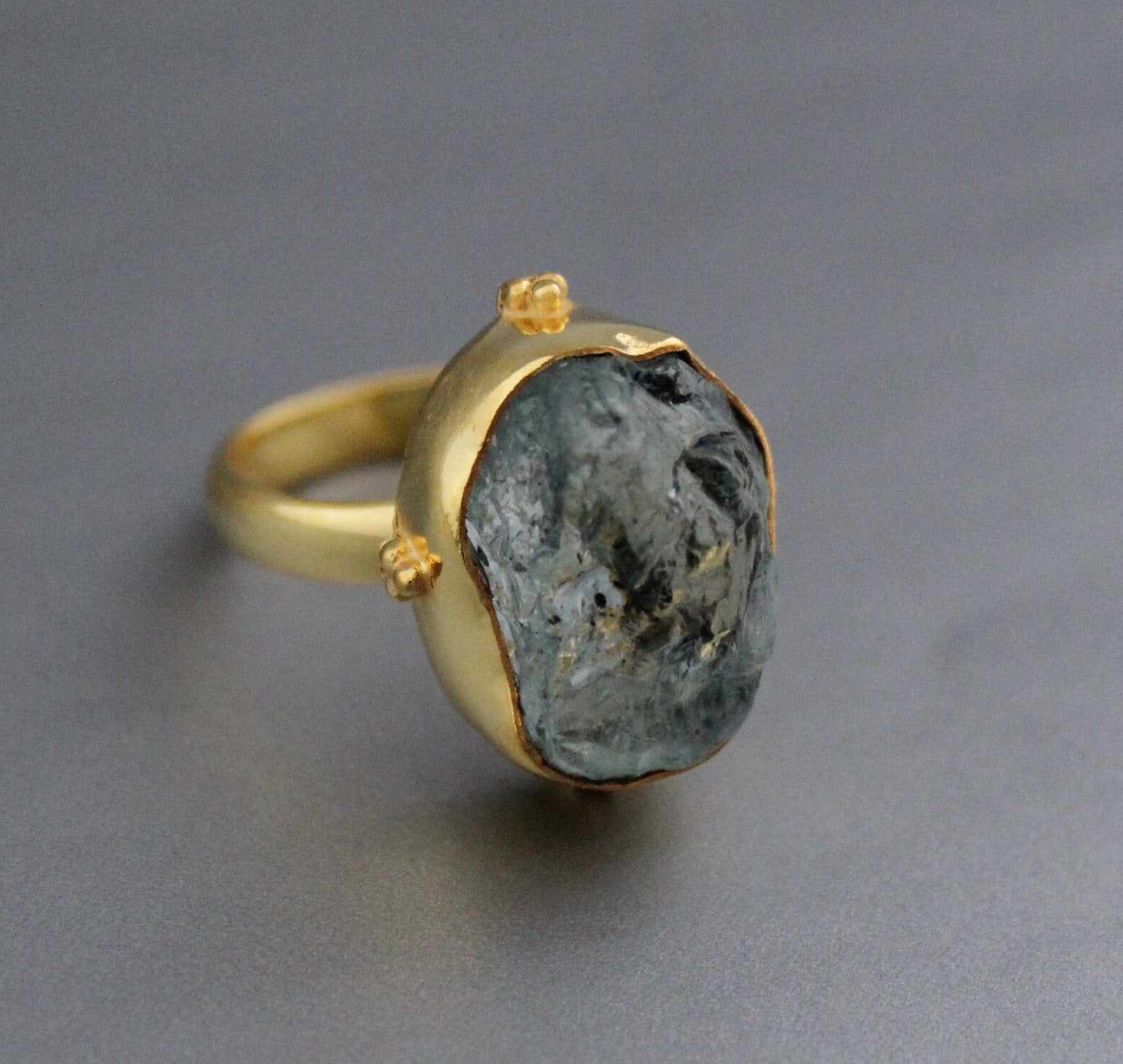 Raw Aquamarine Ring: Sterling Silver Rough Crystal Birthstone Jewelry