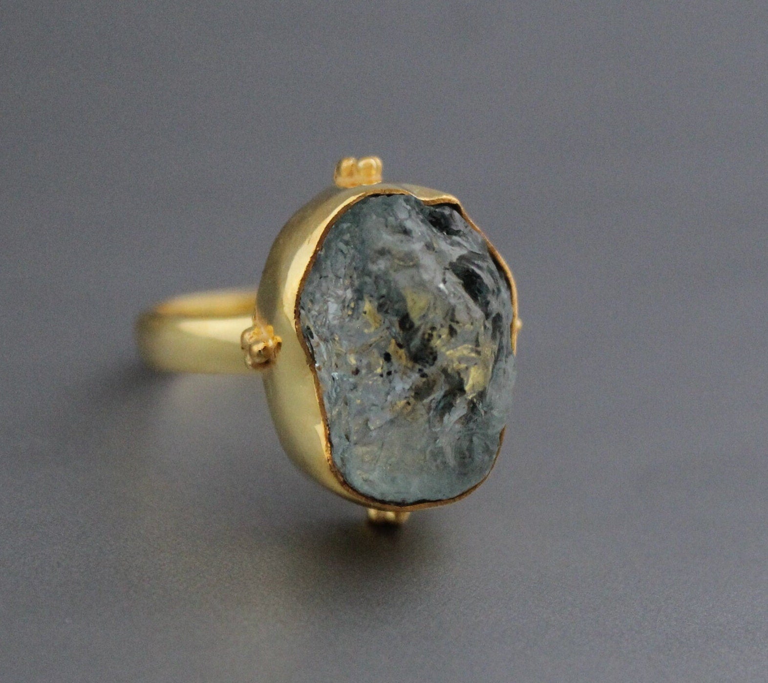 Raw Aquamarine Ring: Sterling Silver Rough Crystal Birthstone Jewelry