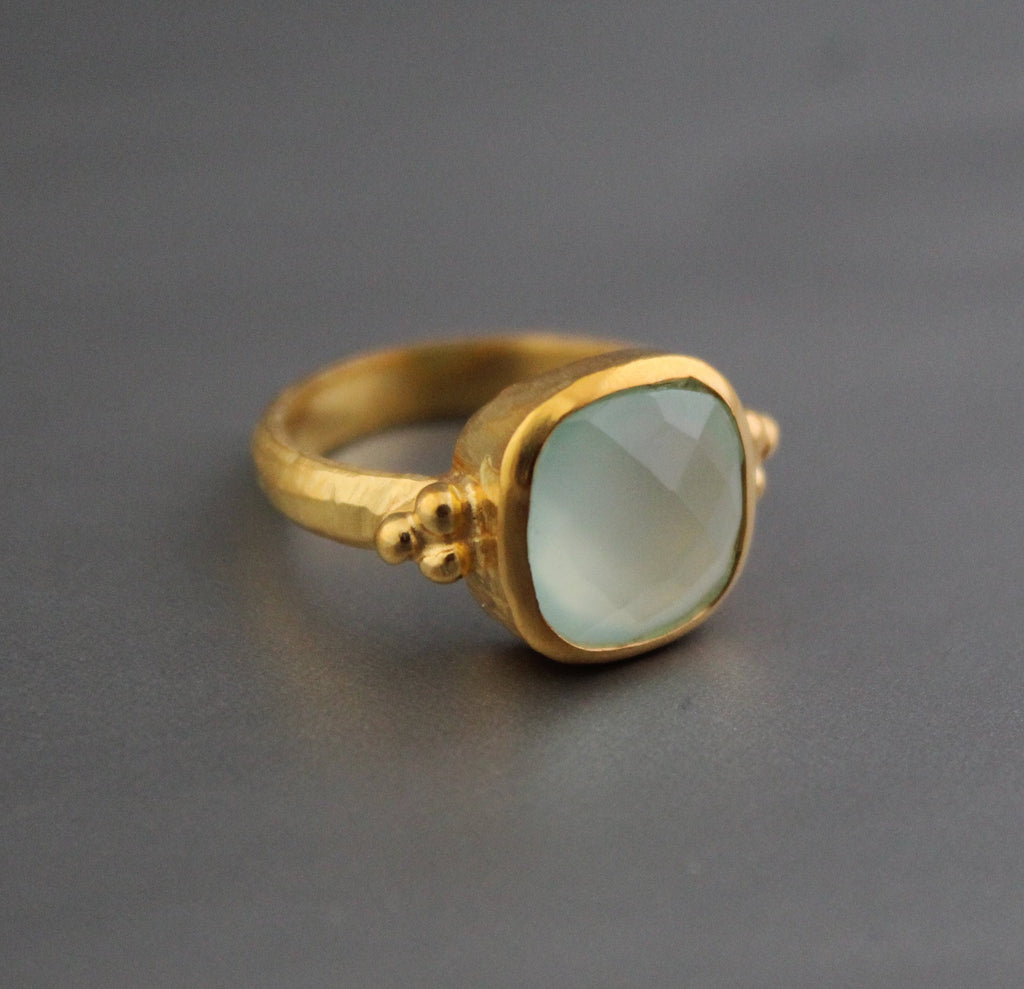 Aqua Chalcedony Ring: Hammered Sterling Silver Band, Gemstone Jewelry