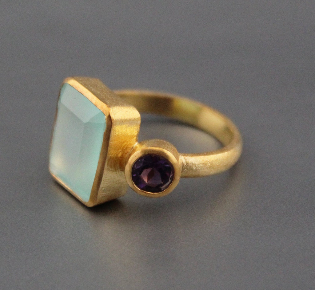 Aqua Chalcedony Ring, Gemstone Jewelry, 18k Gold Ring for Mom, Handmade Jewelry, Multi Stone Ring, Birthstone Jewelry, Minimalist Ring