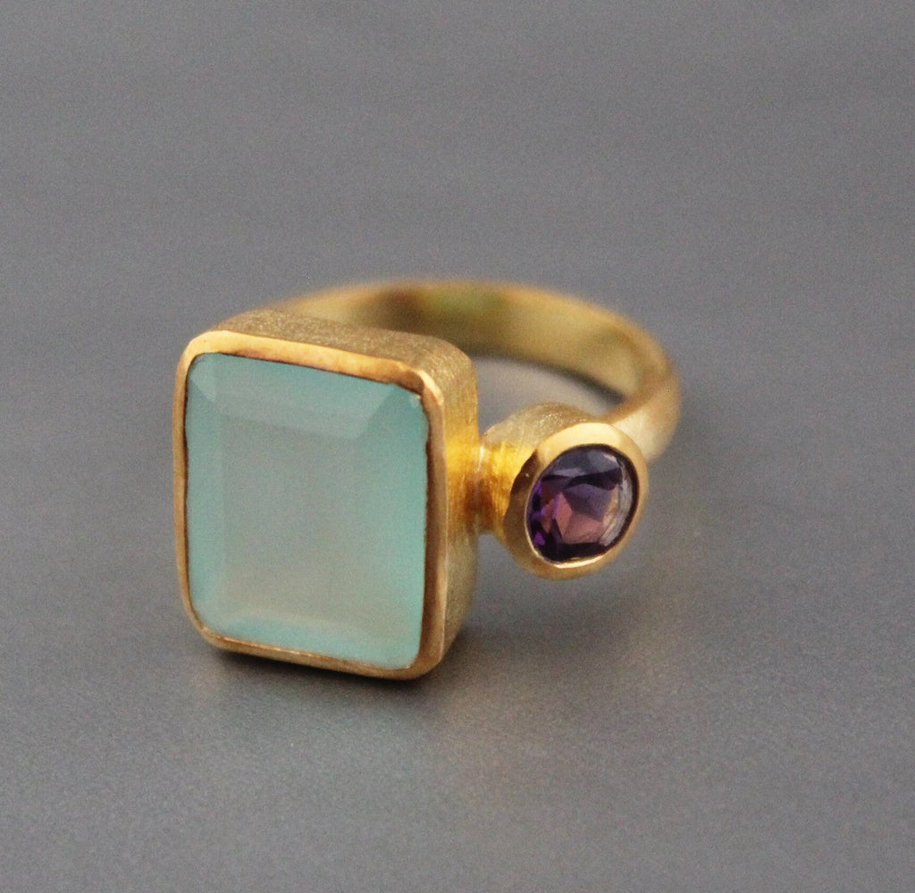 Aqua Chalcedony Ring, Gemstone Jewelry, 18k Gold Ring for Mom, Handmade Jewelry, Multi Stone Ring, Birthstone Jewelry, Minimalist Ring