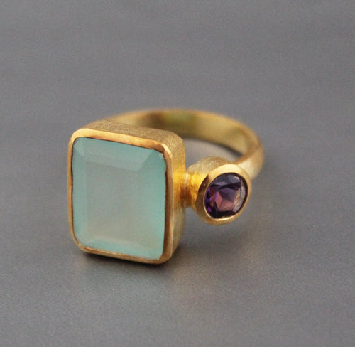 Aqua Chalcedony Ring, Gemstone Jewelry, 18k Gold Ring for Mom, Handmade Jewelry, Multi Stone Ring, Birthstone Jewelry, Minimalist Ring