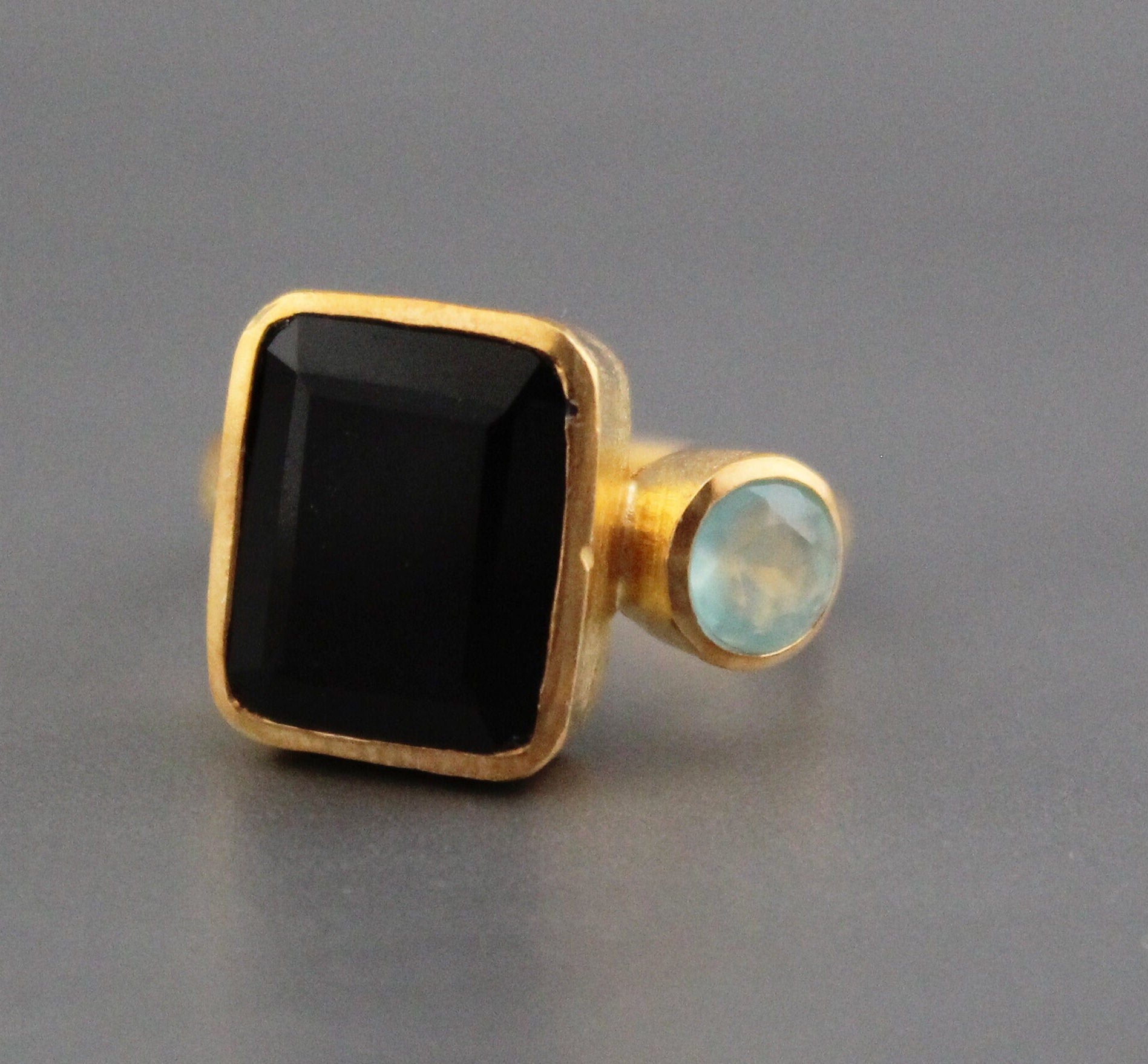 Black Onyx Rectangle Ring, 18K Gold, Two Stone, Woman Cocktail Ring, Handmade Onyx Ring, Boho Jewelry, Gift For Wife