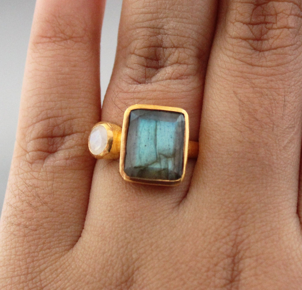 Handmade Blue Fire Labradorite Ring, Silver Jewelry, 14K Gold Ring, Rectangle Cut Birthstone